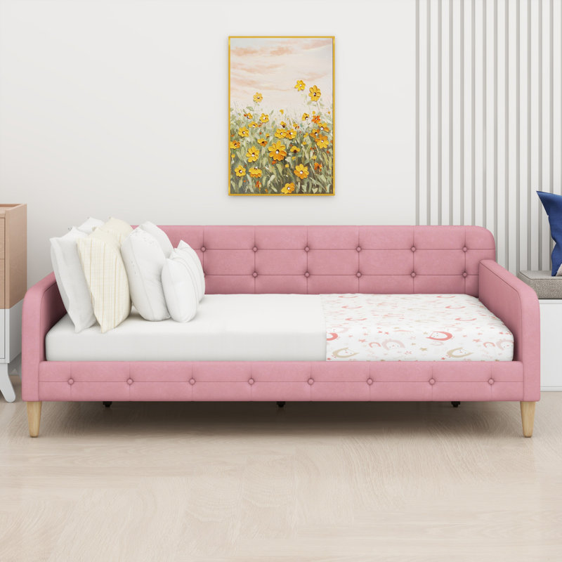 Lit de jour rembourré avec 4 pieds de soutien, Rose