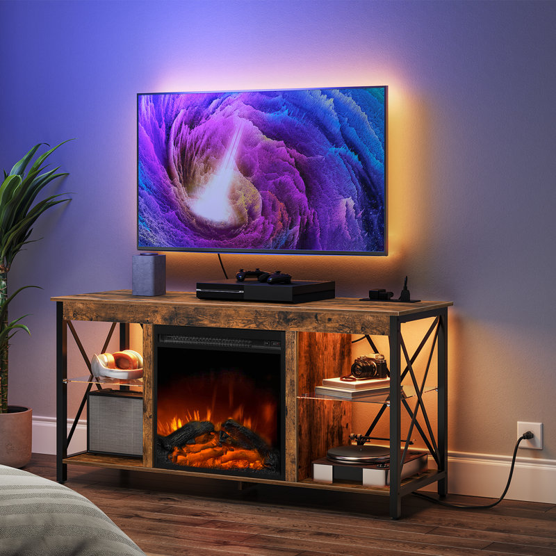 Rustic Brown Electric Fireplace TV Stand with Glass Shelves