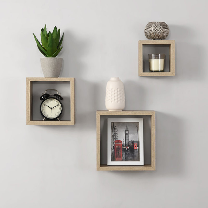 Chaisty 3 Piece Square Floating Shelf, Oak