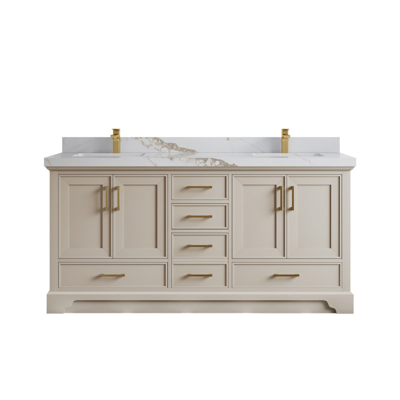 Meuble-lavabo double 72 po avec plateau Charlotte, Or Calacatta