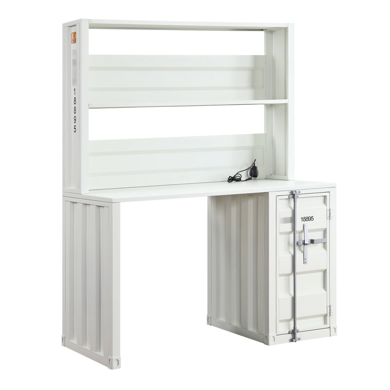 Bureau en métal blanc avec plateau en fer, compartiment ouvert, porte dans la base de rangement