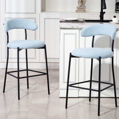 Tabourets de bar en tissu bleu avec dossier ouvert, coussin moelleux et base thermolaquée noire, de 2 pour la cuisine, le bureau ou la coiffeuse