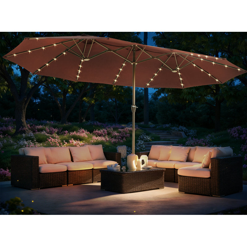 Grand parasol de patio 15 pi avec base et lumières brun, Brun