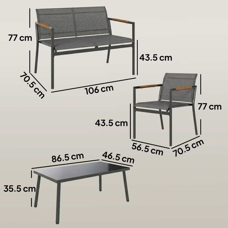 4 Seater Grey Metal Garden Sofa Set with Loveseat, 2 Armchairs, Breathable Mesh Seats and Coffee Table