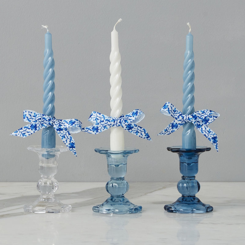Glass Scalloped Candlesticks, Clear/Denim/Navy