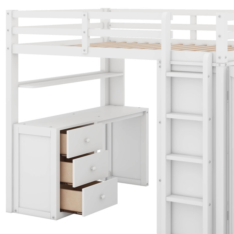 Full Loft Bed With Drawers,Desk And Wardrobe, White