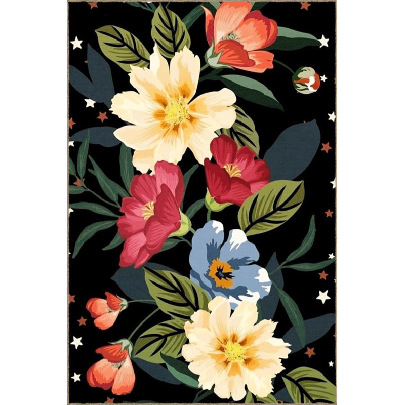 Tapis décoratif noir à motif de fleurs noires multicolores, Sous-tapis carré 3 pi 3 po inclus