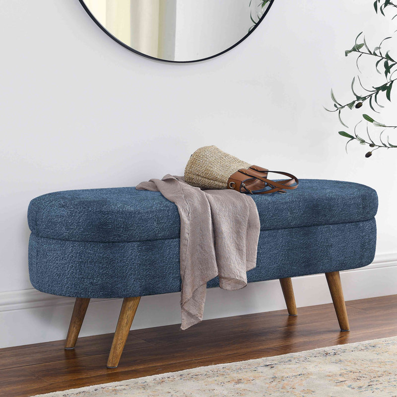 Banc de rangement repose-pieds ovale, pieds en bois d'hévéa, Bleu très foncé