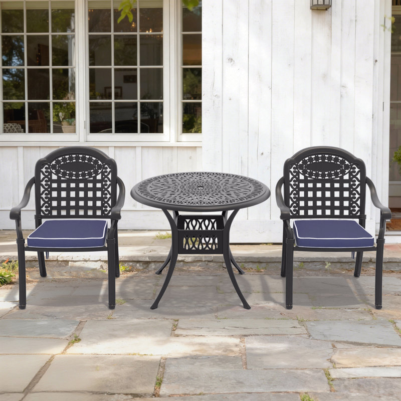 Ensemble de 3 meubles de patio en aluminium coulé avec coussins bleus, 2
