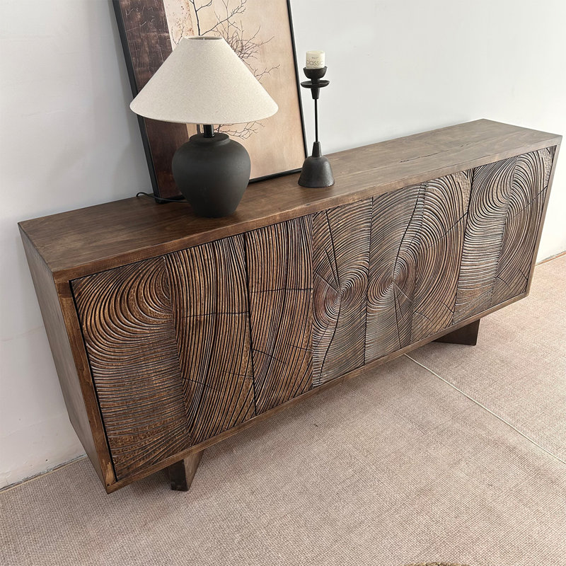 Bois rustique - Buffet sculpté, conception d'anneau d'arbre, H 33,46 po x l 70,87 po x P 15,75 po