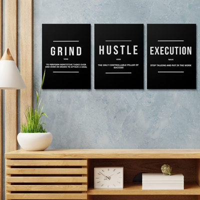 "Black Hustle Grind", ensemble de 3 impressions murales sur toile encadrées inspirantes de bureau de bureau