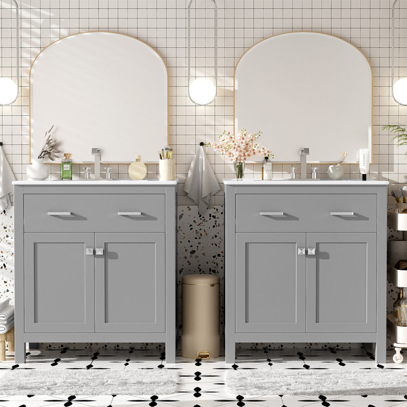 Modern Bathroom Vanity Set With Double Vanities, Ceramic Sinks, Adjustable Shelf, Soft Close Doors, And Flip Drawer, Gray