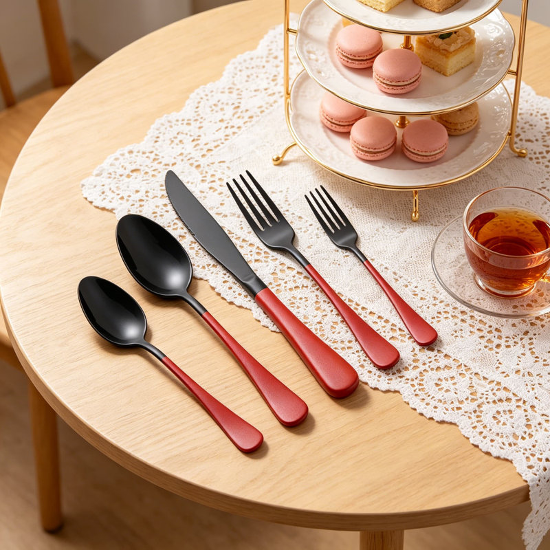 Ensemble de couverts 20 pièces en acier inoxydable noir / rouge 18/0 pour 4 personnes, comprenant un couteau de table, une fourchette de table, une cuillère de table, une fourchette à salade, une cuillère à café et un ensemble de couverts allant au lave-vaisselle