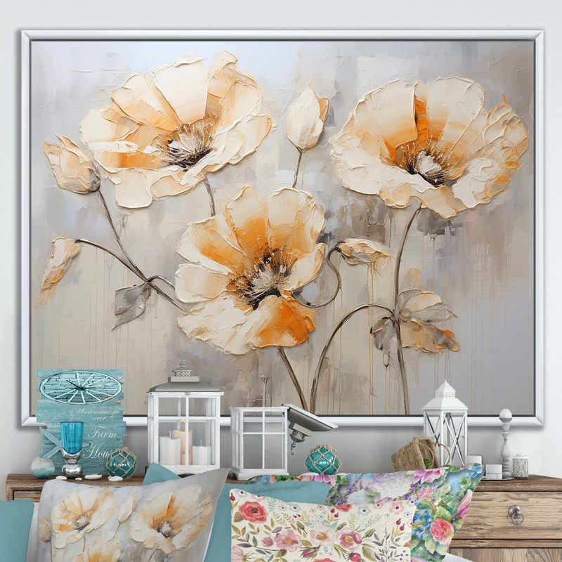 «Beige Poppy Meadow Melody VI» sur toile, Cadre flottant blanc, H 12 po x l 20 po