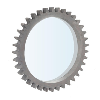 Vintage 34'' X 34'' Wood Round Hanging Gear Shape Heavy Decorative Mirror For Bathroom Living Room Entryway Or Put Together To Your Liking(Antique Dark Brown)