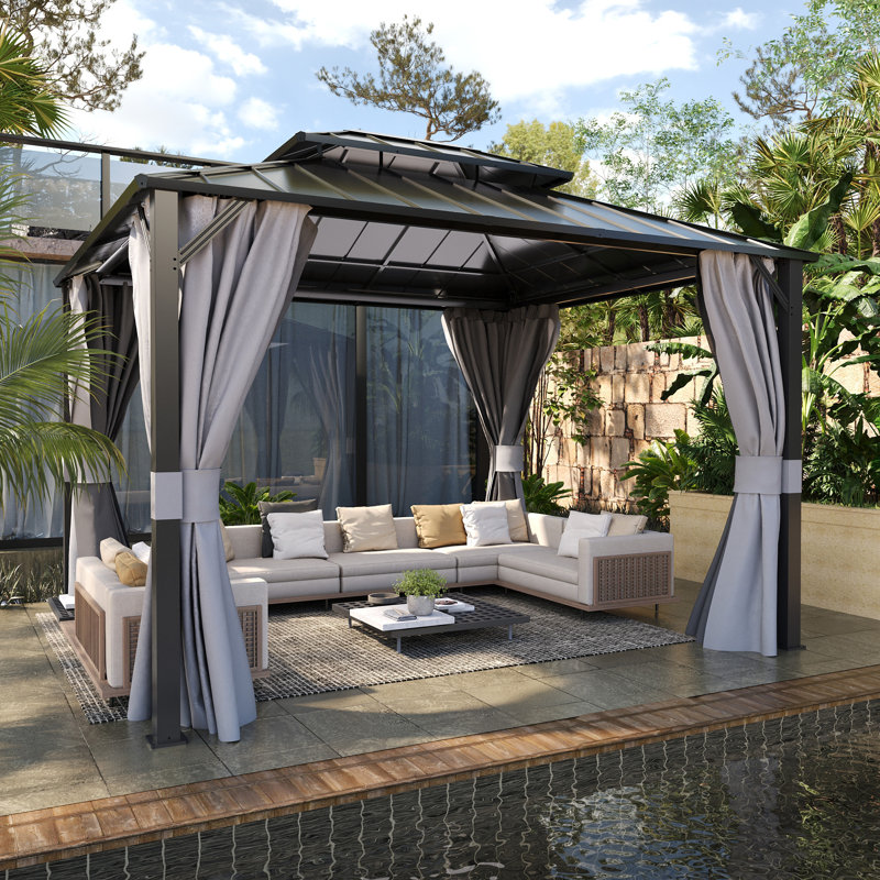 Outdoor Hardtop Gazebo With Aluminum Frame, Heavy Duty Permanent Pavilion With Netting & Curtains For Patio, Lawn, Deck