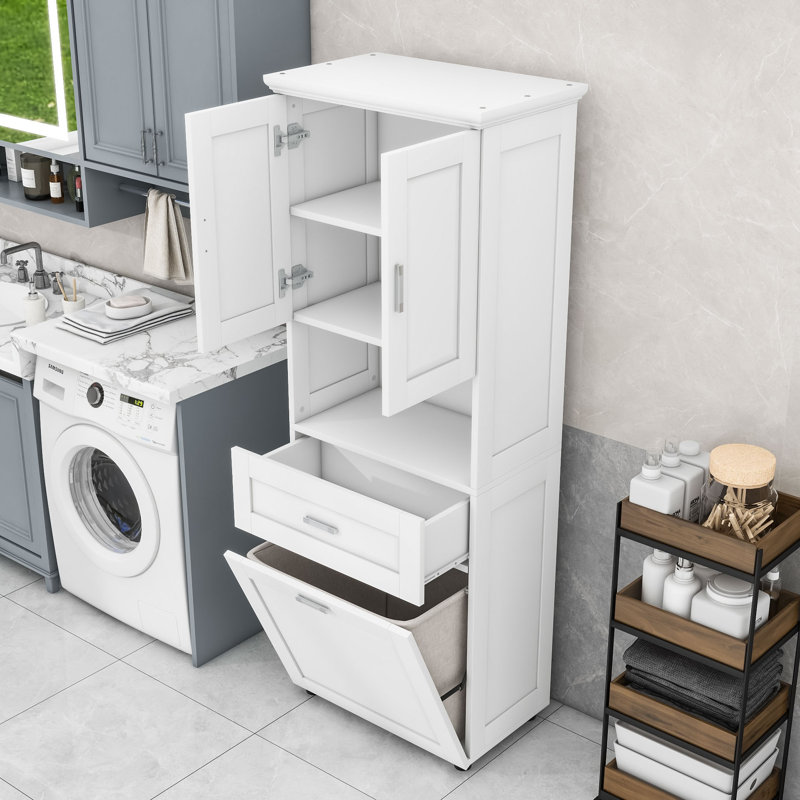 Tall Bathroom Cabinet with Integrated Laundry Basket and Adjustable Shelf, White