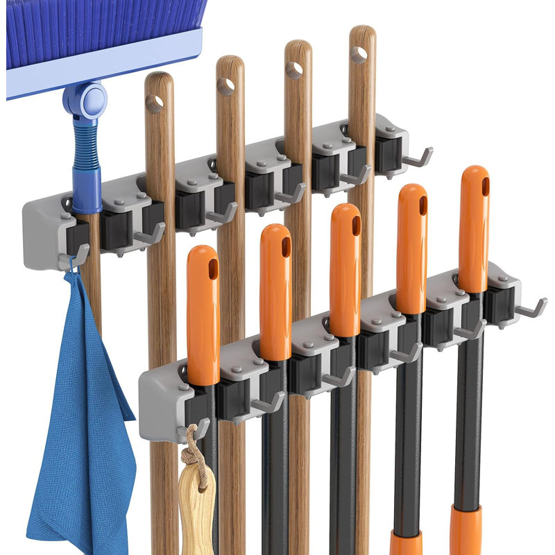 Ensemble de 2 porte-serpillières et porte-balais mural, support à outils antidérapant à 5 fentes, 6 crochets, gris, Gris