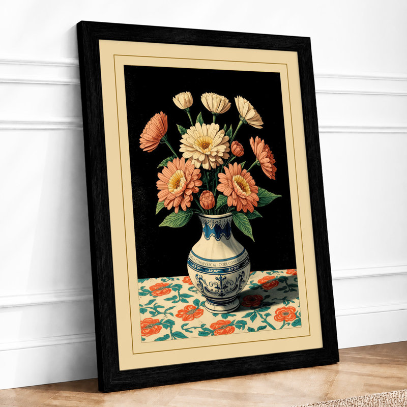 Chrysanthemum Arrangement Botanical - Framed Print, A4 - 29.7 x 21.0 cm, Black