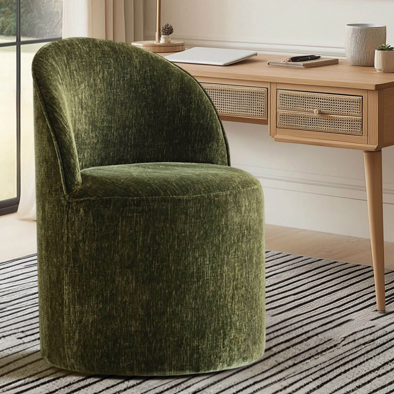 Chaise de bureau rembourrée pivotante en chenille avec roulettes cachées, Vert olive