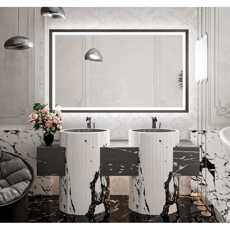 Miroir de salle de bain à DEL New Rockford, 60 po x 36 po, Noir, Rectangulaire