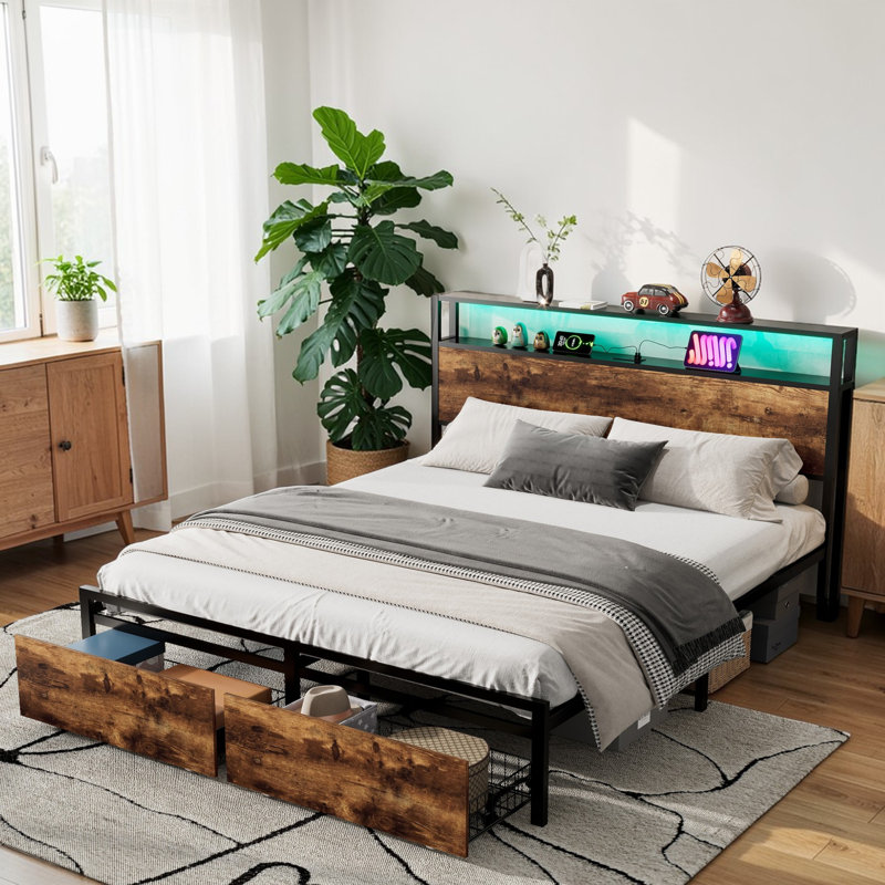 Storage Bed With LED Light Strip Controlled By  App And Bluetooth, And 2 Drawers, 2 USB Port+1 Type Multifunctional bed