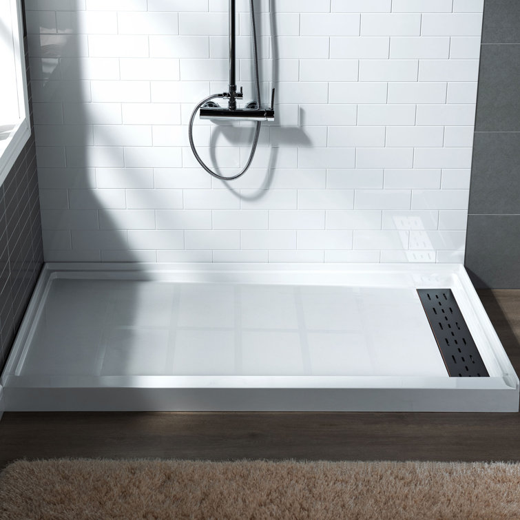 60" W x 34" D Solid Surface Single Threshold Shower Pan Base with Drain Assembly & Drain Cover Included, Non-Slip