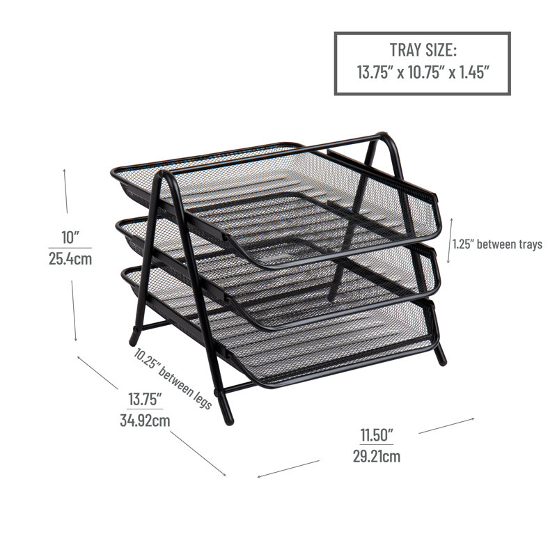 Mind Reader 3-Tier Paper Tray, Desktop Organizer, File Storage, Workspace, Office, Metal Mesh, 11.5"L x 13.75"W x 10"H, Black