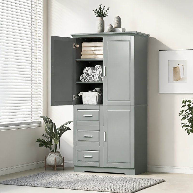 Tall & Wide Storage Cabinet With Doors & Three Drawers - Suitable For Bathroom & Office, Gray