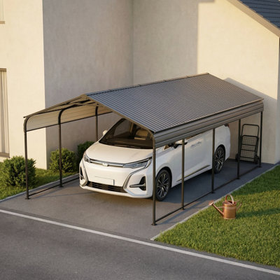 All-Weather Outdoor Car Shelter Made of Metal, Size 12 by 20 Feet, Heavy-Duty Galvanized Construction Suitable for Protecting Automobiles, Boats, Trucks, and SUVs, Finished in Black