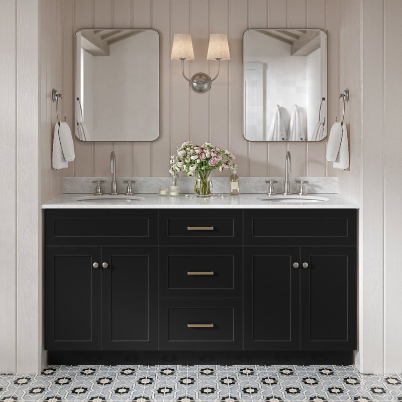 Partham 67" Freestanding Double Sink Vanity with Carrara Marble Top, Noir