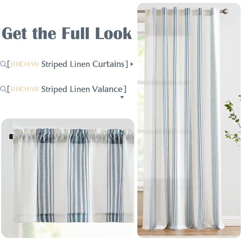 Striped Linen Valance Curtain 16 Inch Vertical Striped Valance For Kitchen Bathroom Light Filtering Window Treatment Rod Pocket Farmhouse Rustic Semi Sheer Short Window Curtain 1 Panel