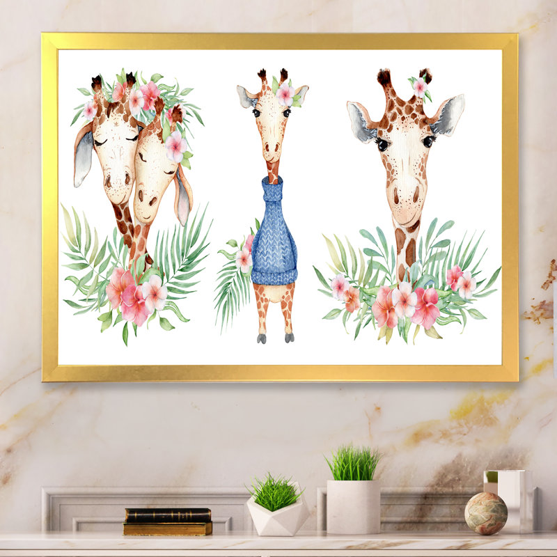 «Cute Giraffe Botanical Portrait», reproduction sur toile flottante, H 12 po x l 20 po x P 1 po, Cadre doré