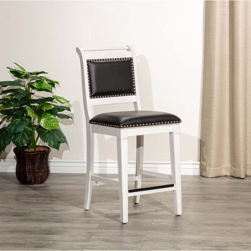 Tabouret de comptoir, siège en cuir, Blanc antique, Noir