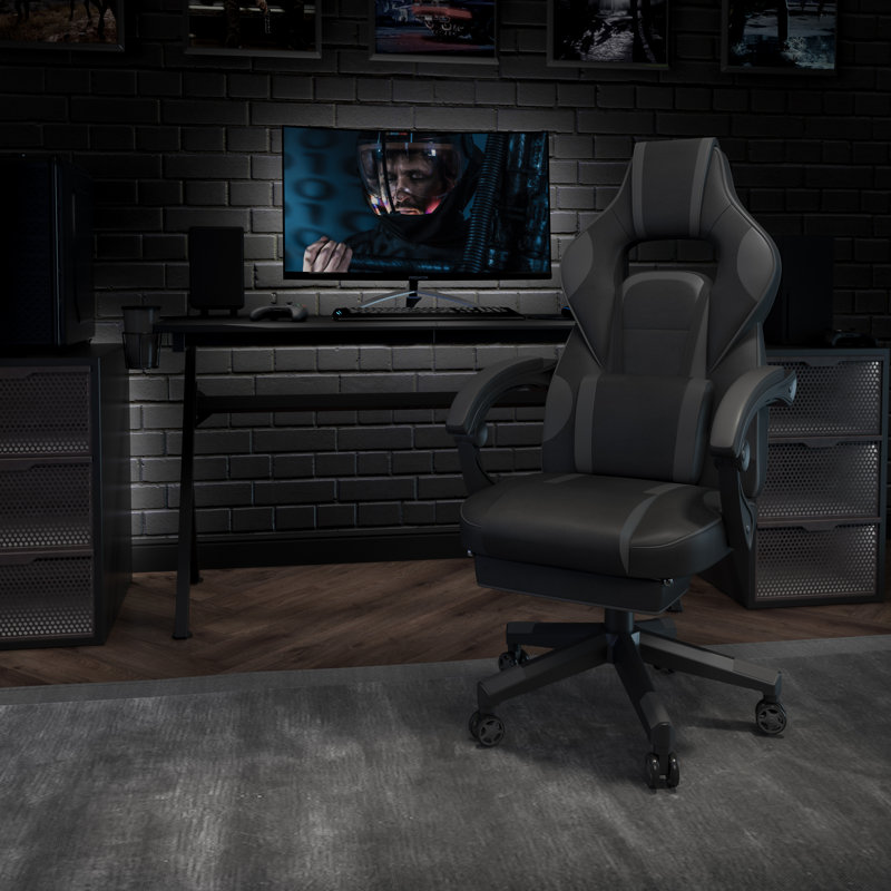 Massaging Adjustable Ergonomic Swivel Computer Gaming Chair with Fully Reclining Back and and Slide-Out Footrest, Grey/Black