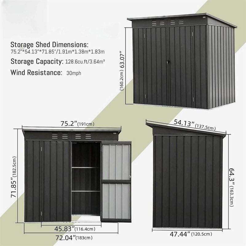Remise de rangement avec cadre en acier galvanisé et porte verrouillable, H 71,85 po x l 75,2 po x P 54,13 po, Gris