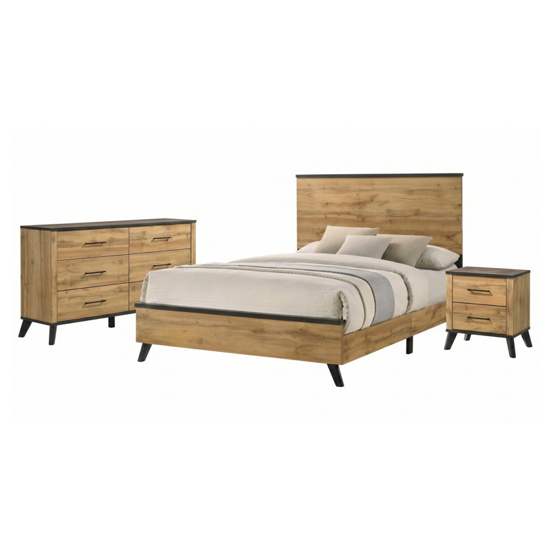 Ensemble de chambre à coucher Elmwood Queen 3 pièces comprenant un lit à panneaux, une commode et une table de chevet, en brun vieilli et pin naturel.