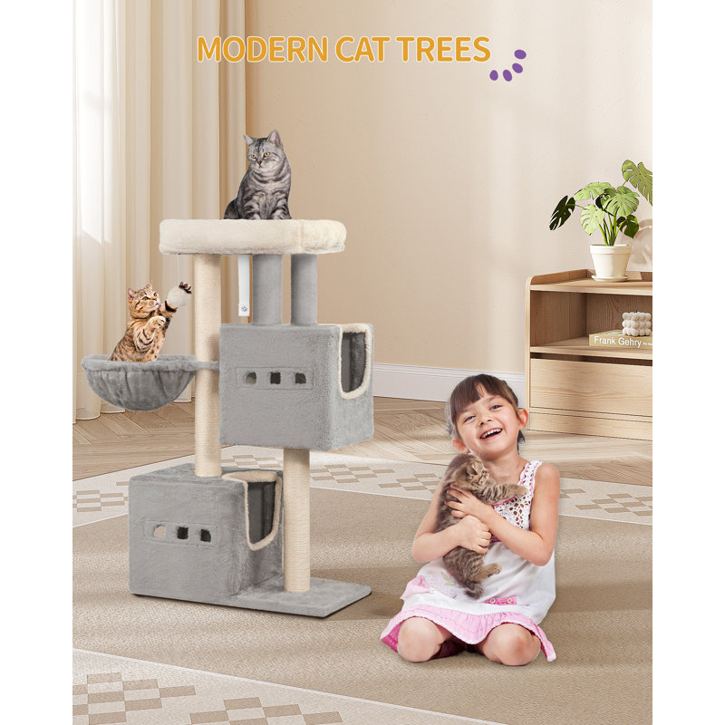 Cat Tree, 98 cm Tower, Sisal Scratching Post, Cats Tower for Indoor, Multi-Level Stable Cat Tree with Cats House, 2 Caves, Pompoms,  Dark Grey, Light Grey