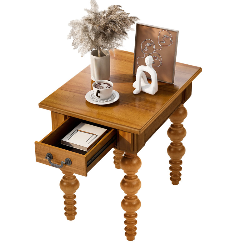 Table de bout vintage étroite en bois massif avec tiroir, côté pour le salon, matériaux naturels de haute qualité, chaleur, conception à bulles sur les pieds, tiroir de rangement en bois naturel et en bois d'hévéa, assemblage rapide, idéal