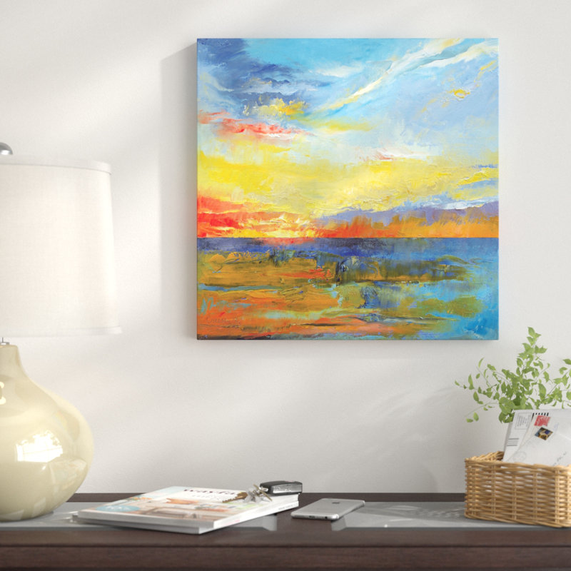 «Turquoise Blue Sunset», reproduction d'art sur toile, H 37 po x l 37 po x P 1,5 po, Toile avec cadre noir, Pas de tapis