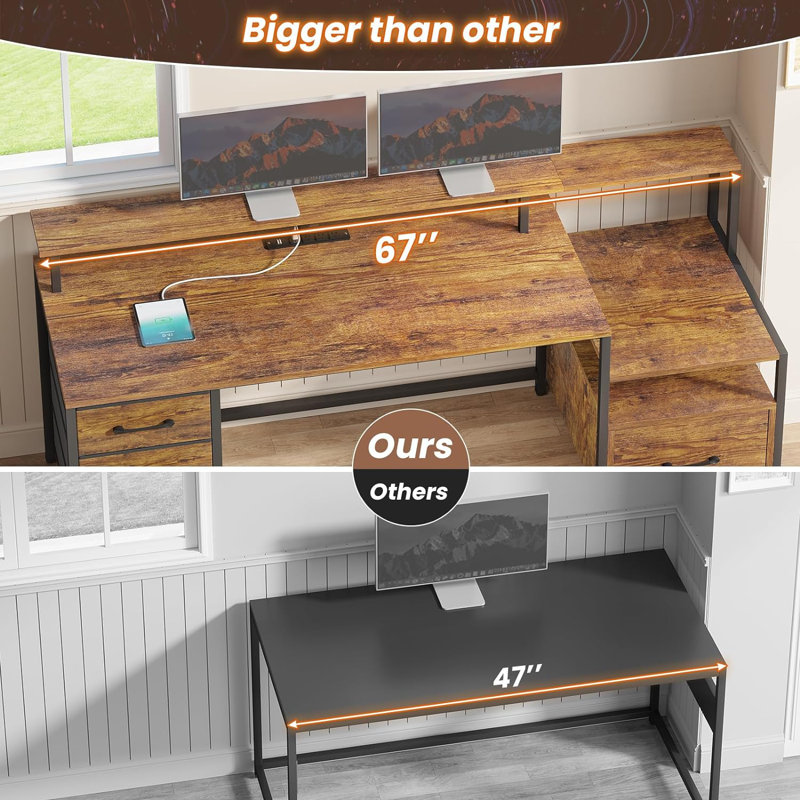 Joceleen 66.9'' W Computer Desk with 5 Drawer, Brown/Black