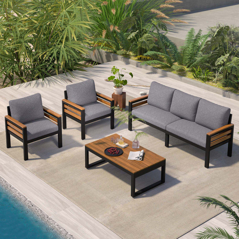 Ensemble de canapé d'extérieur 4 pièces pour 4 personnes avec coussin amovible et table basse en bois massif, Gris