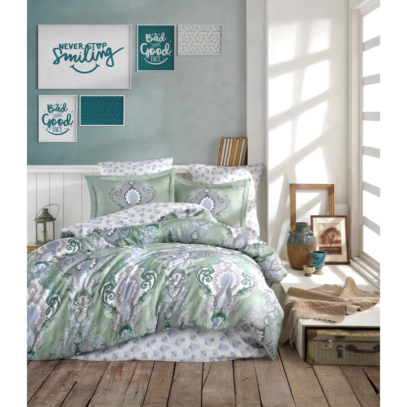 Ensemble de housse de couette 100% coton vert, Housse de couette double + 2 taies d'oreiller stan