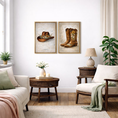 Vintage Cowboy Hat and Floral Boots Artwork, Western Bedroom Pictures, Framed Canvas Giclee Print 2 Pieces Wall Art