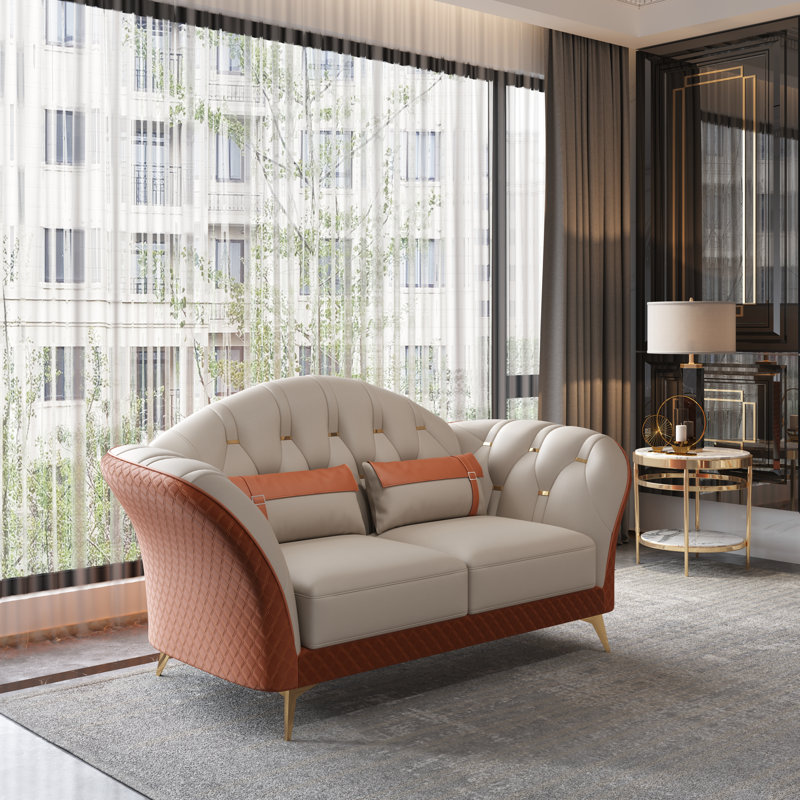 Amalia Loveseat, White/Orange Genuine Leather