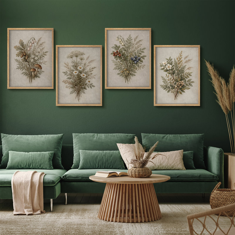 Vintage Botanical Wildflower Collection Framed Wall Art Prints Set of 4 - Rustic Herb and Berry Arrangement for Living Room Kitchen