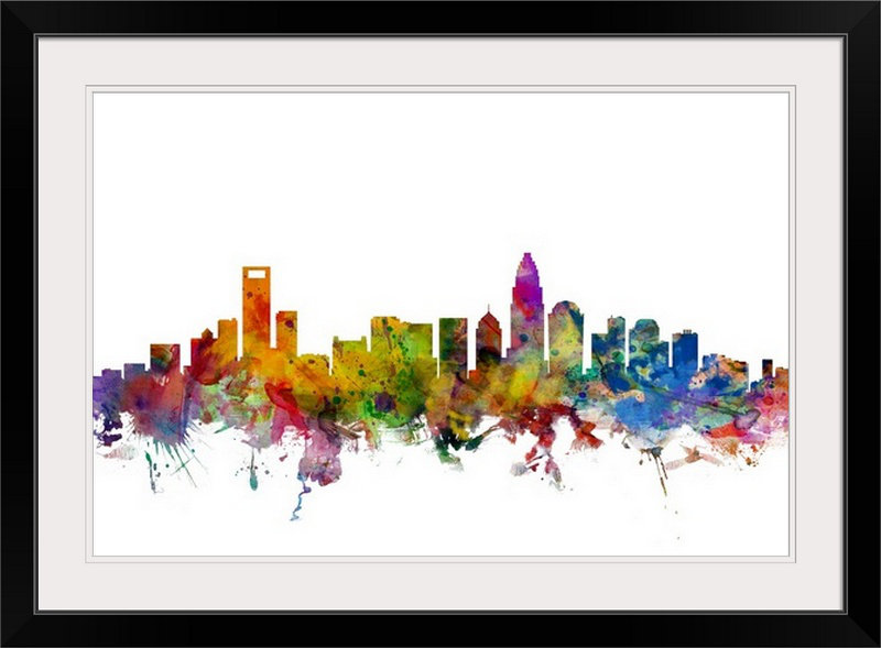 «Francy Charlotte North Carolina Skyline» par Michael Tompsett, reproduction d'art graphique sur toile, Cadre noir