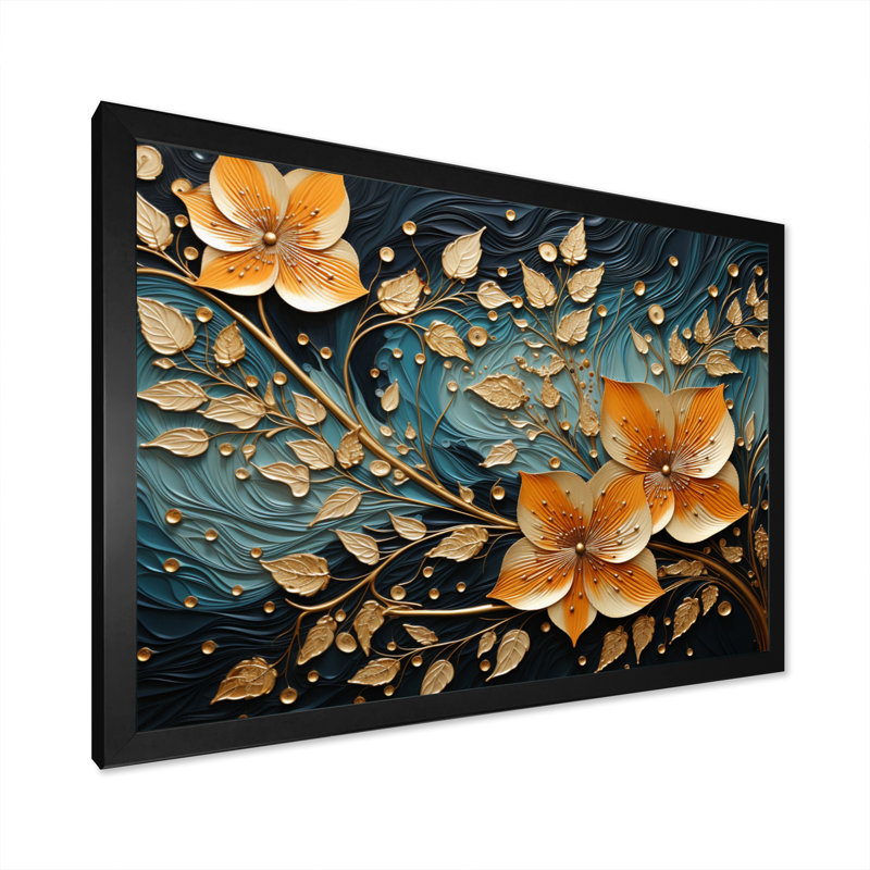 Feuilles tourbillonnantes dorées et bleues - impression, Cadre simple noir, H 30 po x l 40 po x P 1,5 po