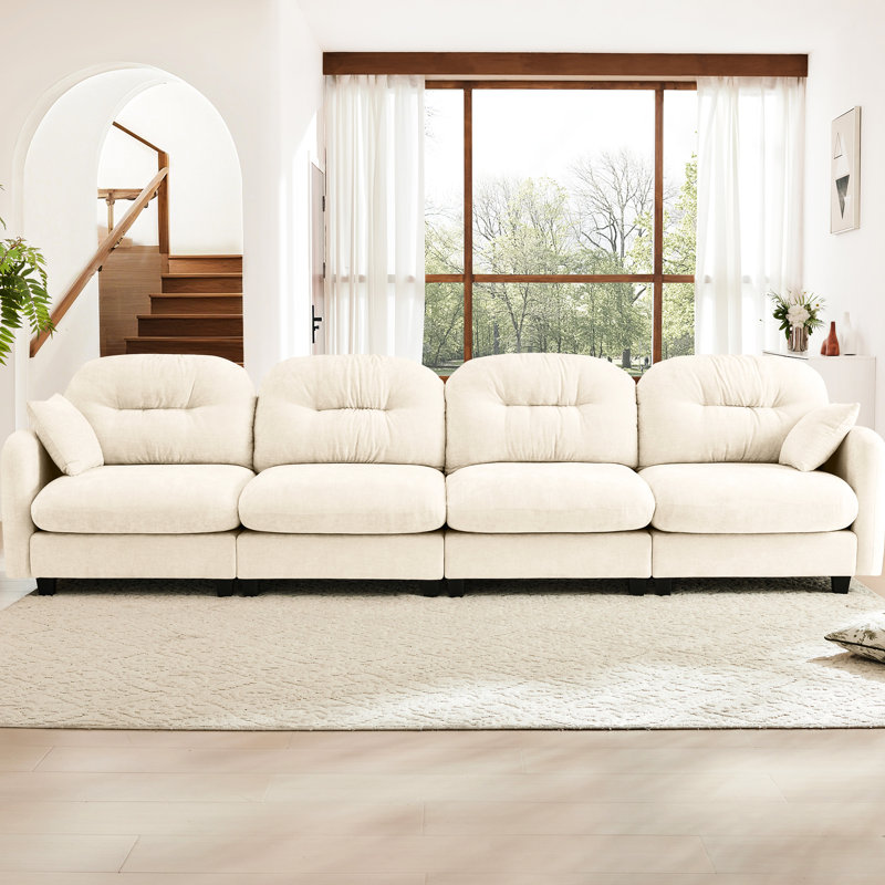 Canapé modulaire à quatre places en chenille beige, siège, conception plissée, 2 coussins décoratifs pour espaces de lecture, canapé modulaire en chenille, tissu froissé, coussins, convient aux espaces de vie