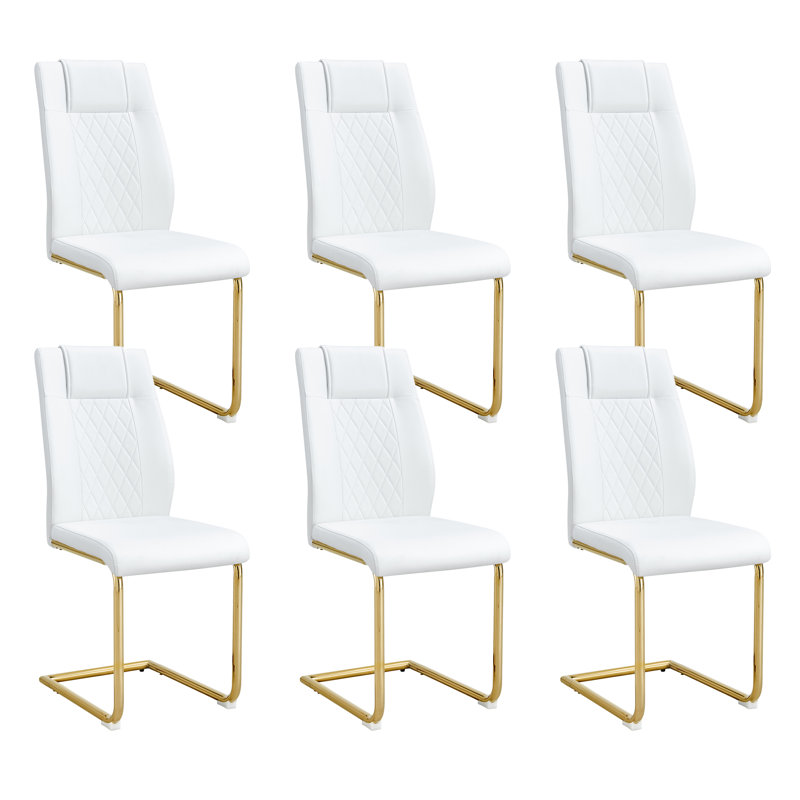     Kimara Modern Faux Leather Diamond Quilt Cantilever Dining Chairs , Gold, White